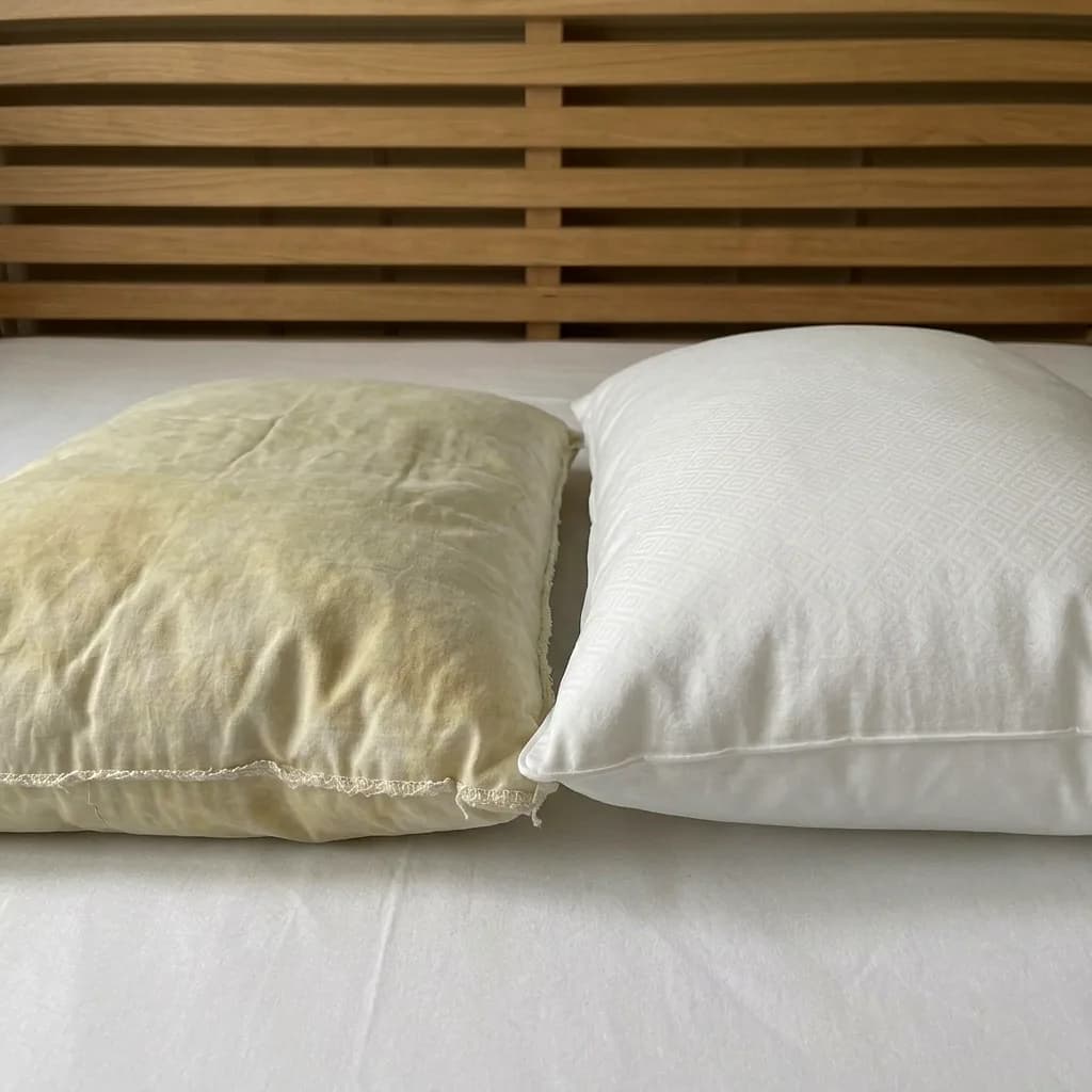 Una almohada vieja, amarillenta y aplastada, al lado de una almohada nueva blanca y con volumen, las dos sobre la misma cama