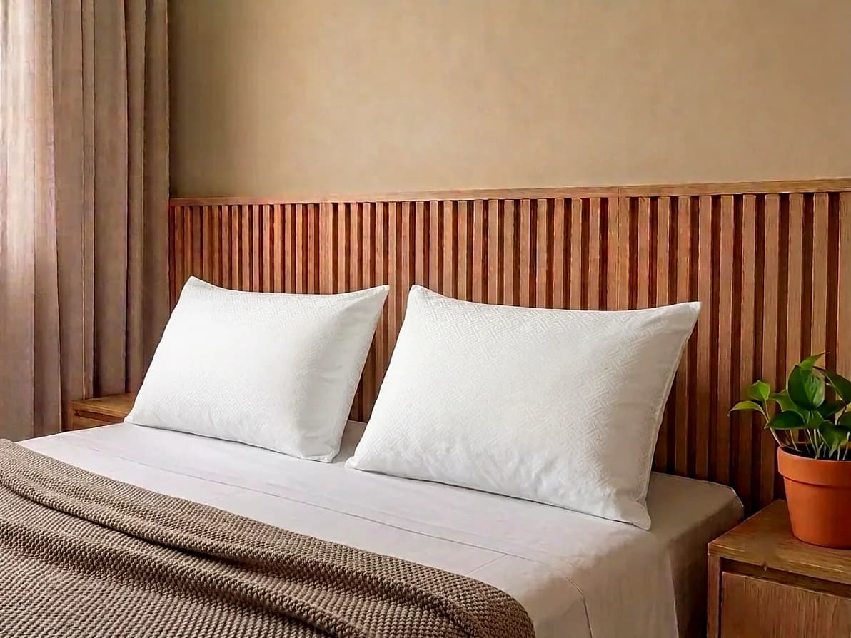 Dos almohadas siliconadas blancas de 40 x 60 cm, con tejido de grecas, apoyadas en el cabecero de una cama tendida